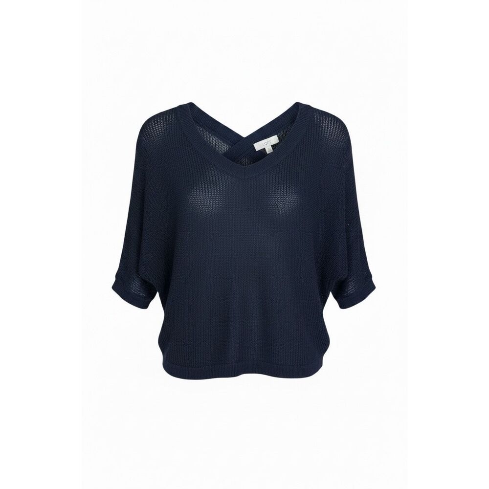 Ann Taylor LOFT Dolman Sleeve Linen Blend Open Knit Sweater Top Navy Size Small